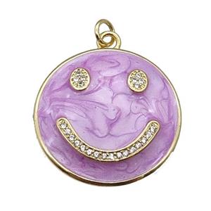 copper Emoji pendant paved zircon with lavender enamel, happiness face, gold plated, approx 25mm dia [FN26456]
