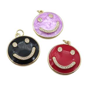 copper Emoji pendant paved zircon with enamel, happiness face, gold plated, mixed, approx 25mm dia [FN26457]