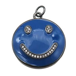 copper Emoji pendant paved zircon with royalblue enamel, happiness face, black plated, approx 25mm dia [FN26459]
