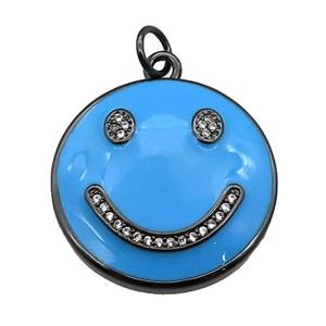 copper Emoji pendant paved zircon with blue enamel, happiness face, black plated, approx 25mm dia [FN26460]