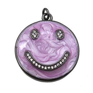 copper Emoji pendant paved zircon with lavender enamel, happiness face, black plated, approx 25mm dia [FN26462]