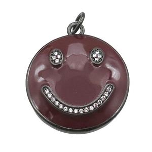 copper Emoji pendant paved zircon with darkred enamel, happiness face, black plated, approx 25mm dia [FN26463]
