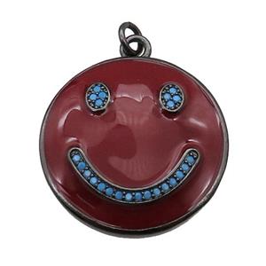 copper Emoji pendant paved zircon with red enamel, happiness face, black plated, approx 25mm dia [FN26464]