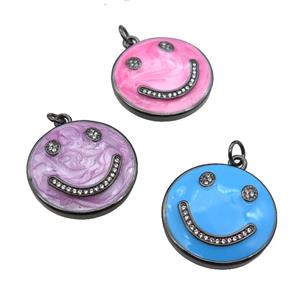 copper Emoji pendant paved zircon with enamel, happiness face, black plated, mixed, approx 25mm dia [FN26465]