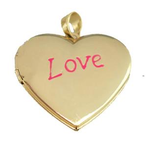 copper Heart Locket pendant with pink enamel, LOVE, gold plated, approx 30mm [FN26484]