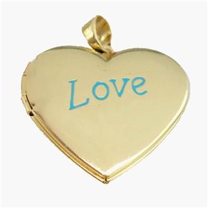 copper Heart Locket pendant with blue enamel, LOVE, gold plated, approx 30mm [FN26485]