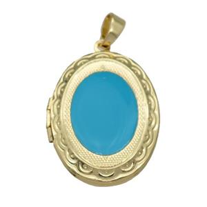 copper Oval Locket pendant with teal enamel, gold plated, approx 23-30mm [FN26490]