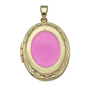 copper Oval Locket pendant with pink enamel, gold plated, approx 23-30mm [FN26491]