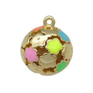copper Ball sphere pendant with enamel flower, hollow, gold plated, approx 13mm dia [FN26493]