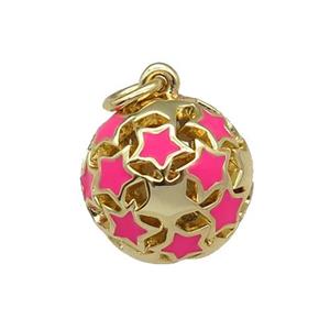 copper Ball pendant with hotpink enamel star, hollow, gold plated, approx 13mm dia [FN26497]