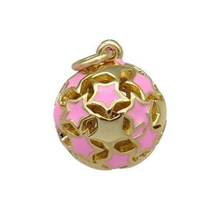 copper Ball pendant with pink enamel star, hollow, gold plated, approx 13mm dia [FN26501]