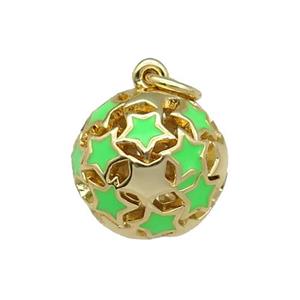 copper Ball pendant with green enamel star, hollow, gold plated, approx 13mm dia [FN26503]