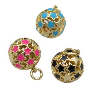 copper Ball pendant with enamel star, hollow, gold plated, mixed, approx 13mm dia [FN26505]