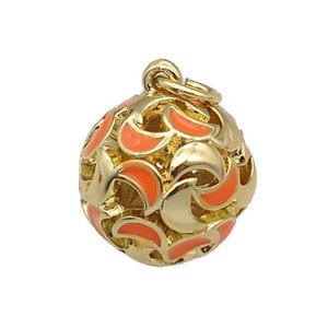 copper Ball pendant with orange enamel moon, hollow, gold plated, approx 13mm dia [FN26507]