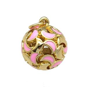 copper Ball pendant with pink enamel moon, hollow, gold plated, approx 13mm dia [FN26508]