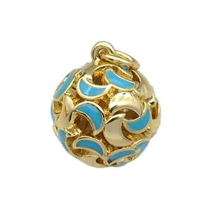 copper Ball pendant with teal enamel moon, hollow, gold plated, approx 13mm dia [FN26509]