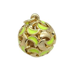 copper Ball pendant with yellow enamel moon, hollow, gold plated, approx 13mm dia [FN26510]