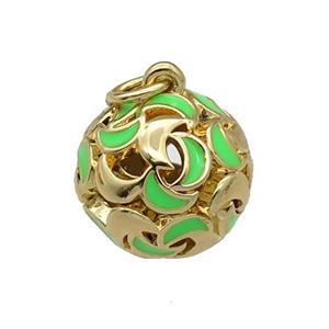 copper Ball pendant with green enamel moon, hollow, gold plated, approx 13mm dia [FN26511]