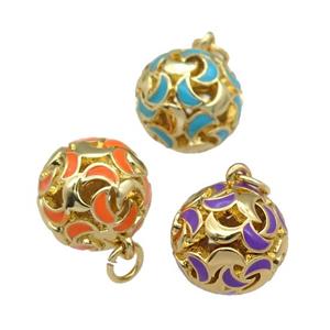 copper Ball pendant with enamel moon, hollow, gold plated, mixed, approx 13mm dia [FN26512]