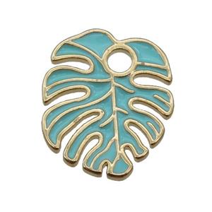 copper Leaf pendant with teal enamel, gold plated, approx 16-19mm [FN26525]