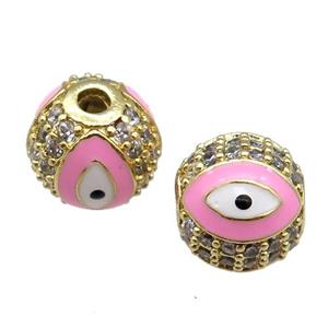 round copper Beads paved zircon with pink enamel Evil Eye, gold plated, approx 10mm dia [FN26531-10MM]