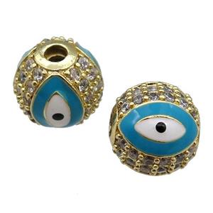 round copper Beads paved zircon with teal enamel Evil Eye, gold plated, approx 10mm dia [FN26532-10MM]