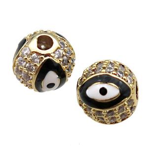 round copper Beads paved zircon with black enamel Evil Eye, gold plated, approx 10mm dia [FN26533-10MM]