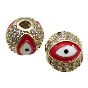 round copper Beads paved zircon with red enamel Evil Eye, gold plated, approx 8mm dia [FN26534-8MM]