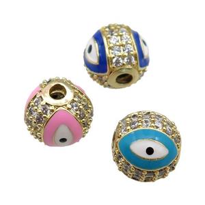 round copper Beads paved zircon with enamel Evil Eye, gold plated, mixed, approx 8mm dia [FN26535-8MM]