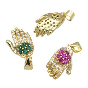 copper hand pendant paved zircon, gold plated, mixed, approx 11-16mm [FN26539]