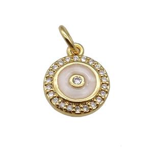 copper Circle pendant paved zircon with white enamel, gold plated, approx 10mm dia [FN26559]