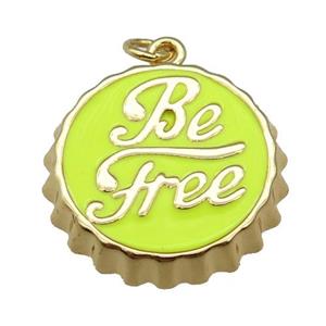 copper soda Bottle Cap pendant with yellow enamel, Be Free, gold plated, approx 24mm dia [FN26569]