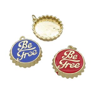 copper soda Bottle Cap pendant with enamel, Be Free, gold plated, mixed, approx 24mm dia [FN26572]