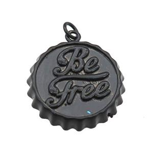 copper soda Bottle Cap pendant with black fire Lacquered, Be Free, approx 23mm dia [FN26574]