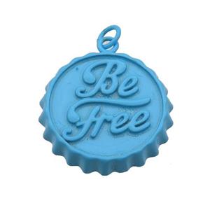 copper soda Bottle Cap pendant with teal fire Lacquered, Be Free, approx 23mm dia [FN26578]