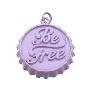 copper soda Bottle Cap pendant with lavender fire Lacquered, Be Free, approx 23mm dia [FN26580]