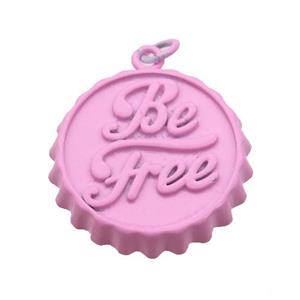 copper soda Bottle Cap pendant with pink fire Lacquered, Be Free, approx 23mm dia [FN26581]