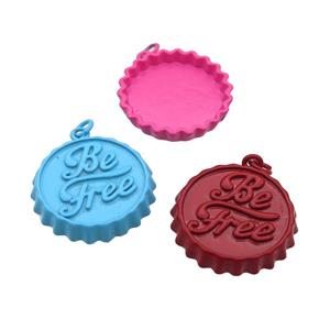 copper soda Bottle Cap pendant with fire Lacquered, Be Free, mixed color, approx 23mm dia [FN26583]