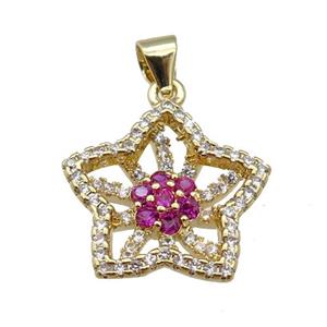 copper Flower pendant paved zircon, hotpink, gold plated, approx 18mm [FN26609]