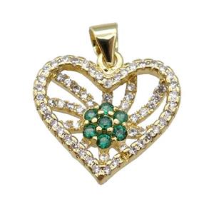 copper Heart pendant paved zircon, green, gold plated, approx 18mm [FN26611]
