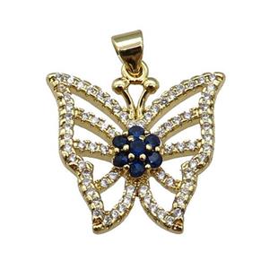 copper Butterfly pendant paved zircon, darkblue, gold plated, approx 19-21mm [FN26613]