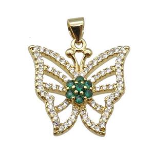 copper Butterfly pendant paved zircon, green, gold plated, approx 19-21mm [FN26614]