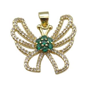 copper Butterfly pendant paved zircon, green, gold plated, approx 21mm [FN26615]