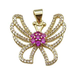 copper Butterfly pendant paved zircon, hotpink, gold plated, approx 21mm [FN26616]