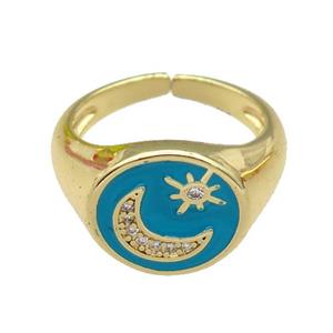 copper Rings paved zircon with teal enamel, moonstar, gold plated, approx 12-13mm, 18mm dia [FN26626]