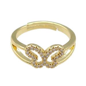 copper Rings paved zircon, butterfly, adjustable, gold plated, approx 8-12mm, 18mm dia [FN26631]