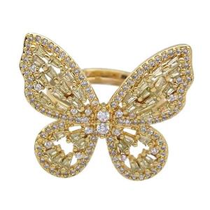 copper Rings paved zircon, butterfly, gold plated, approx 25-28mm, 18mm dia [FN26632]