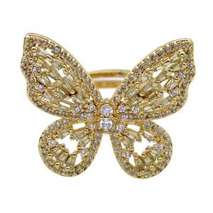copper Rings paved zircon, butterfly, gold plated, approx 25-28mm, 18mm dia [FN26633]
