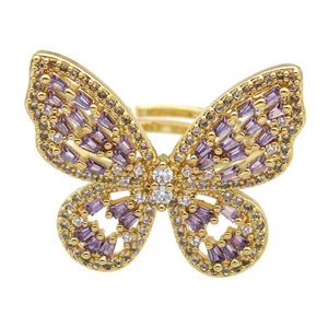 copper Rings paved zircon, butterfly, gold plated, approx 25-28mm, 18mm dia [FN26634]