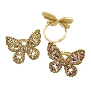 copper Rings paved zircon, butterfly, gold plated, mixed, approx 25-28mm, 18mm dia [FN26635]